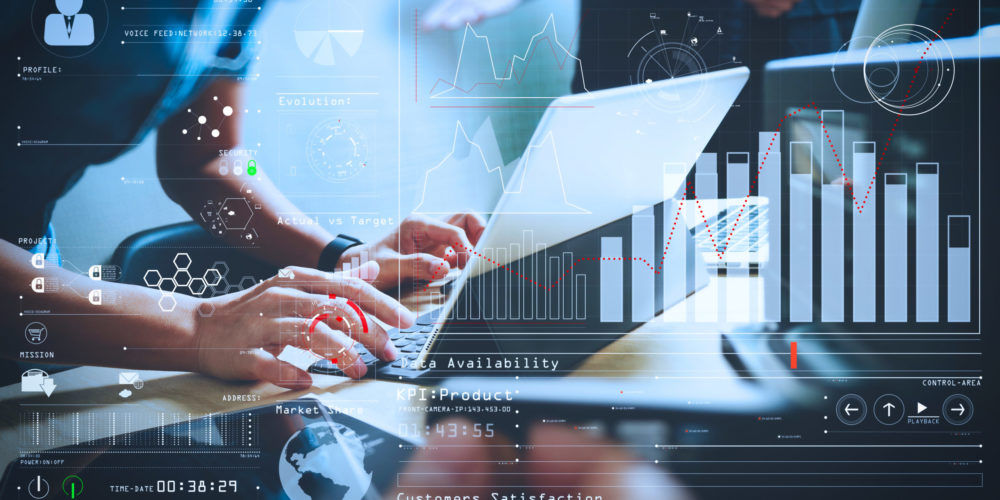 Intelligence and business analytics laptop with AI background Intelligence (BI) and business analytics (BA) with key performance indicators (KPI) dashboard concept.StartUp Programming Team. Website designer working digital tablet dock keyboard.