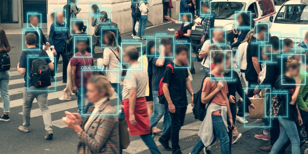 Face detection and recognition of citizens Face detection and recognition of citizens people, AI collect and analyze human data. Artificial intelligence AI concept as technology for safe city in future